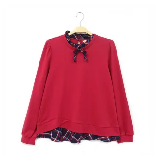 【Kinloch Anderson】金安德森女裝 氣質蝴蝶結格紋領造型長袖棉質上衣(KA1363014 深紅/黑色)