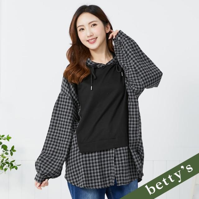 【betty’s 貝蒂思】格紋拼接連帽長袖T-shirt(中灰)