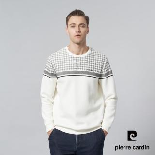 【pierre cardin 皮爾卡登】商務休閒 男款 圓領定位橫條長袖上衣-米白色(5245211-91)