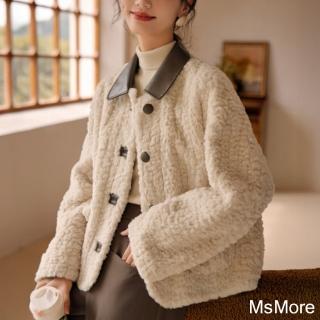 【MsMore】皮衣翻領拼接時尚長袖仿羊羔絨毛短版外套#124073(米杏)