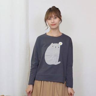 【Hana Mokuba】花木馬日系女裝趣味造型貼布休閒圓領長袖上衣(T恤)
