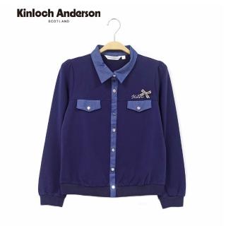 【Kinloch Anderson】金安德森女裝 牛仔拼接襯衫領KA燙鑽造型長袖棉質上衣(KA1363023 藏青/白色)