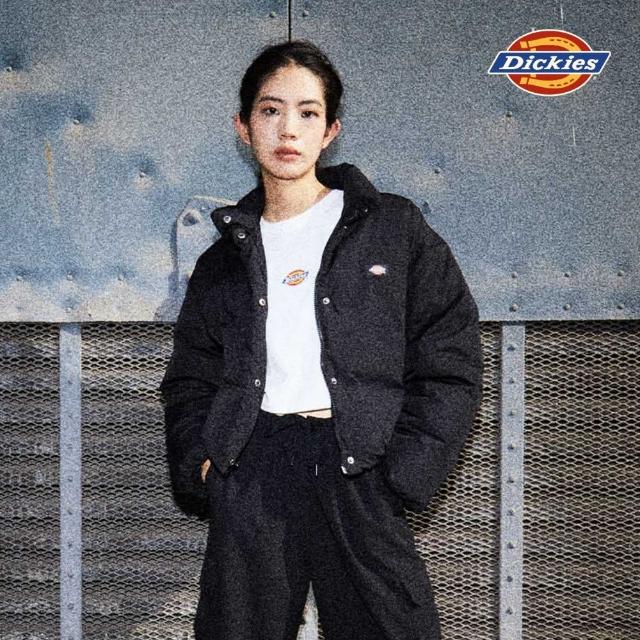 【Dickies】女款黑色防潑水胸前反光印花Logo短版休閒羽絨外套｜DK0A87CABLK