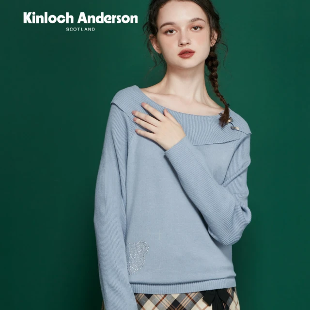 Kinloch Anderson 金安德森女裝 甜美翻領燙鑽熊頭格紋蝴蝶結造型長袖針織上衣(KA1369039 粉紅/水藍)