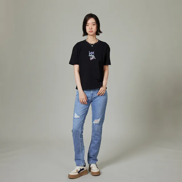【Lee】女裝 牛仔褲 / 401 中腰合身小直筒 刷破 中藍洗水(LB417107661)
