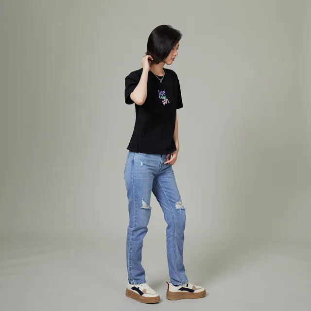 【Lee】女裝 牛仔褲 / 401 中腰合身小直筒 刷破 中藍洗水(LB417107661)