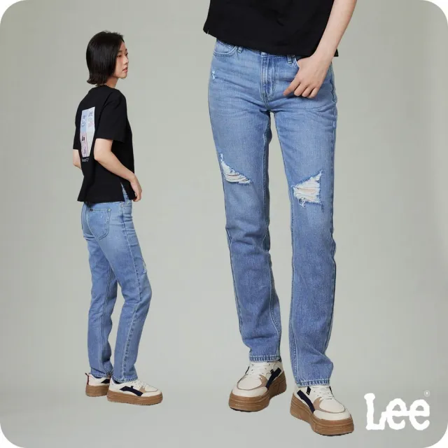 【Lee】女裝 牛仔褲 / 401 中腰合身小直筒 刷破 中藍洗水(LB417107661)