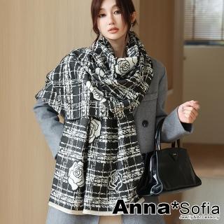 【AnnaSofia】仿羊絨大披肩圍巾-格紋山茶花雙面色 現貨(黑米系)