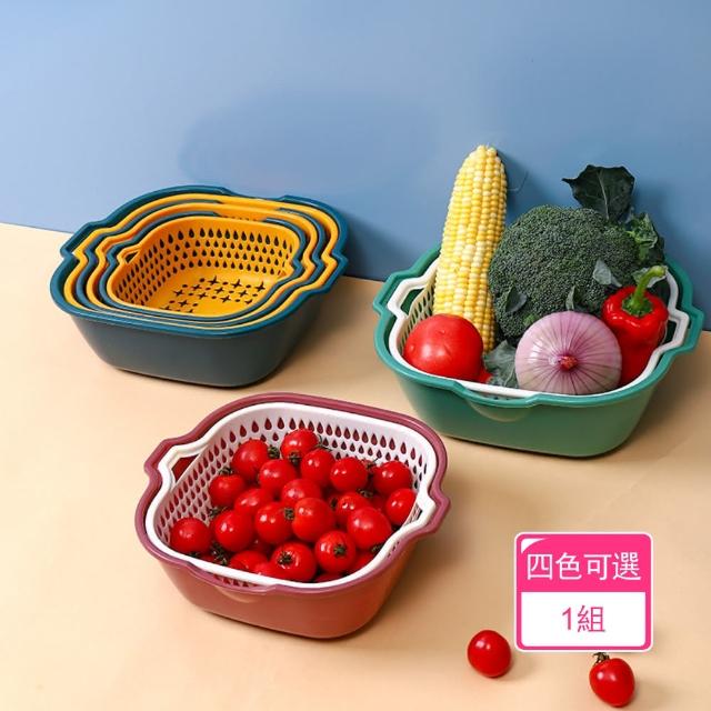 【Dagebeno荷生活】雙層洗菜蔬果瀝水籃收納籃 雙側提把 出水流嘴設計(1組)