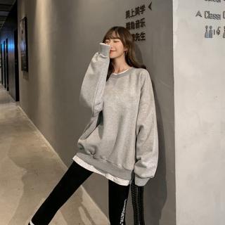 【D.studio】韓版寬鬆內刷毛假兩件長袖上衣(上衣長袖t恤保暖上衣冬天女裝秋冬女裝發熱衣大學T W596)