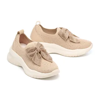 【MELROSE】美樂斯 輕奢閃讚蝴蝶結飛織布拼接牛皮厚底休閒鞋(杏)