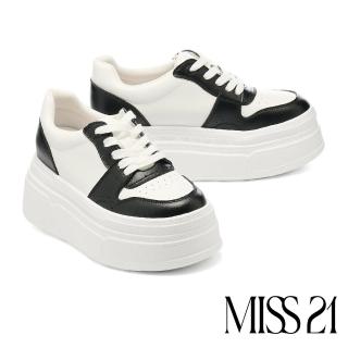 【MISS 21】率性日常撞色牛皮綁帶超厚休閒鞋(黑)