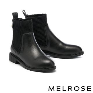 【MELROSE】美樂斯 美楦靴 率性時髦蘑菇釘彈力拼接牛皮厚底短靴(黑)