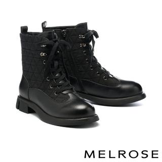 【MELROSE】美樂斯 帥氣個性格紋拼接異材質綁帶厚底短靴(黑)