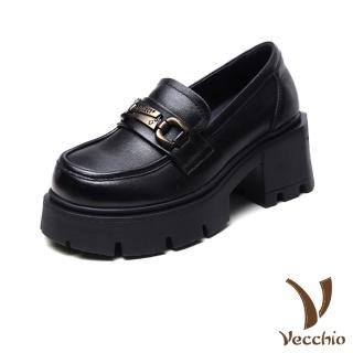 【Vecchio】真皮樂福鞋 厚底樂福鞋/全真皮頭層牛皮個性金屬一字釦帶粗跟厚底休閒樂福鞋(黑)