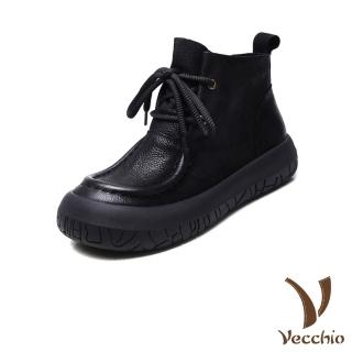 【Vecchio】真皮短靴 厚底短靴/全真皮頭層牛皮立體滾邊繫帶餅乾厚底休閒短靴(黑)