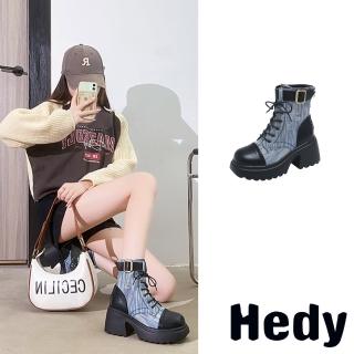 【Hedy】粗跟馬丁靴 厚底馬丁靴/復古牛仔布拼接時尚厚底粗跟馬丁靴(水藍)