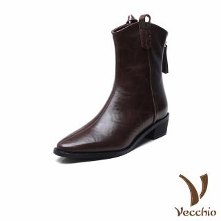 【Vecchio】真皮中筒靴 粗跟中筒靴/真皮頭層牛皮法式優雅尖頭粗跟中筒靴(棕)