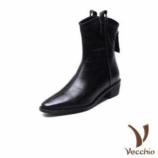 【Vecchio】真皮中筒靴 粗跟中筒靴/真皮頭層牛皮法式優雅尖頭粗跟中筒靴(黑)