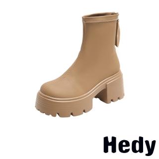 【Hedy】厚底短靴 粗跟短靴/純色潮流厚底粗跟美腿效果時尚短靴(卡其)