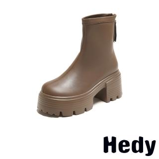 【Hedy】厚底短靴 粗跟短靴/純色潮流厚底粗跟美腿效果時尚短靴(棕)