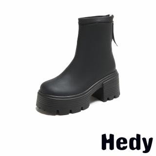 【Hedy】厚底短靴 粗跟短靴/純色潮流厚底粗跟美腿效果時尚短靴(黑)
