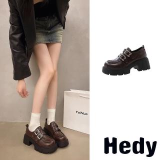 【Hedy】厚底樂福鞋 粗跟樂福鞋/時尚花朵雙金屬釦大圓頭厚底粗跟樂福鞋(棕)