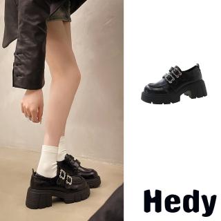 【Hedy】厚底樂福鞋 粗跟樂福鞋/時尚花朵雙金屬釦大圓頭厚底粗跟樂福鞋(黑)