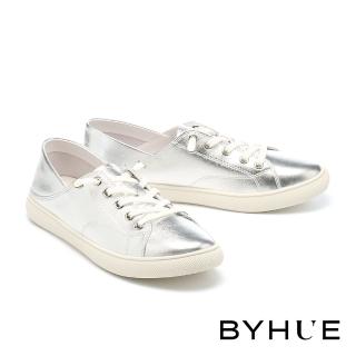 【BYHUE】日常百搭軟芯全真皮彈力鞋帶Q厚底休閒鞋(銀)