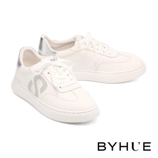 【BYHUE】率性百搭撞色線條異材質軟芯厚底休閒鞋(白)