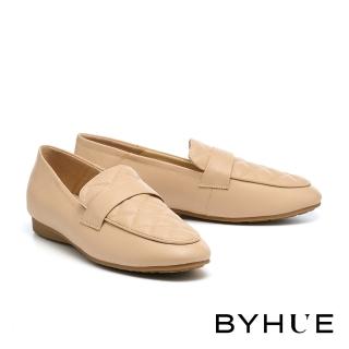 【BYHUE】舒適好感菱格牛皮軟芯微Q底樂福低跟鞋(杏)