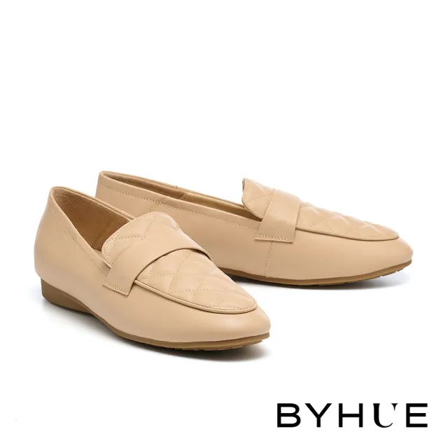 【BYHUE】舒適好感菱格牛皮軟芯微Q底樂福低跟鞋(杏)