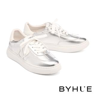 【BYHUE】率性百搭撞色線條牛皮軟芯厚底休閒鞋(銀)