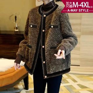 【艾美時尚】新品 中大尺碼女裝 大衣 時髦小香風仿羊羔毛拼接寬鬆保暖外套。M-4XL(棕.預購)