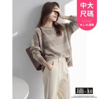 【JILLI-KO】時尚圓領慵懶風百搭寬鬆條紋毛衣中大尺碼-F(黑/卡)