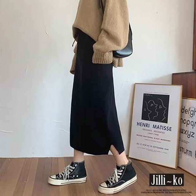 【JILLI-KO】高腰繫帶半身直筒開衩針織A字裙-F(黑)