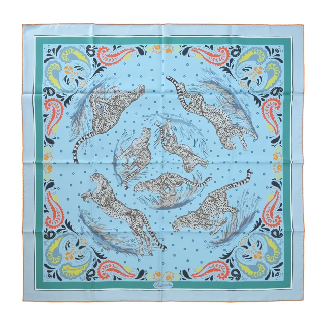 Hermes 愛馬仕 Guepards Bandana 90 手工捲邊斜紋真絲雙面方巾(冰藍/綠)