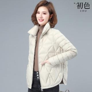 【初色】簡約純色菱格縫線輕薄短款立領保暖羽絨棉外套女外套-共3色-39127(M-3XL可選)