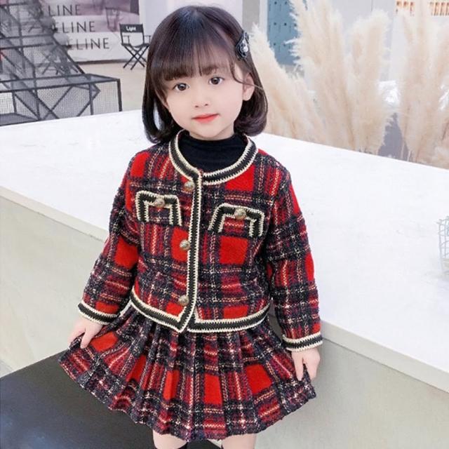 【橘魔法】學院風黑紅格紋毛呢長袖外套+短裙 套裝(厚外套 女童 童裝 兒童 聖誕節 過年 喜宴 新年 大紅)