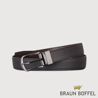 【BRAUN BUFFEL 德國小金牛】臺灣總代理 商務型男 圓頭壓印穿針式皮帶-鎗色(BF24S-RO228T-SGU)