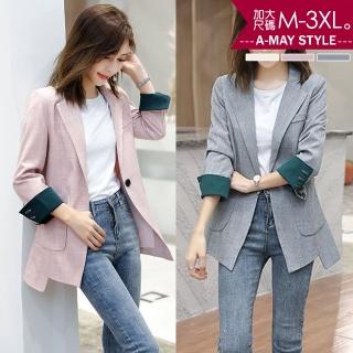 【Amay Style 艾美時尚】中大尺碼女裝 外套 優雅韓系設計感顯瘦拼色七分褶袖西裝外套。M-3XL(3色.預購)