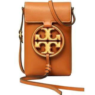 【TORY BURCH】MILLER專櫃款焦糖咖啡皮革圓形LOGO手機斜揹包