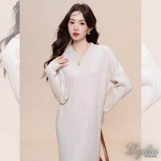【Lydia】現貨 針織洋裝 秋冬新款休閒百搭氣質V領長袖洋裝(米白、杏、黑)