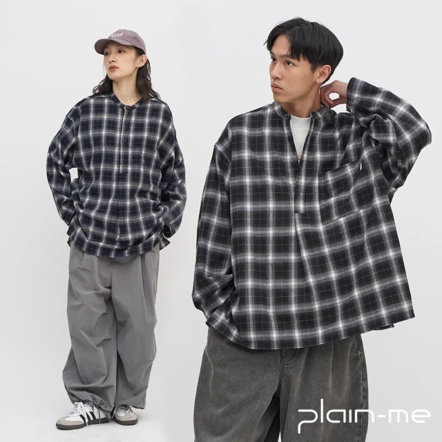 plain-me 格紋立領長版襯衫 PLN3353-242(男款/女款 共2色 襯衫 上衣 休閒襯衫)