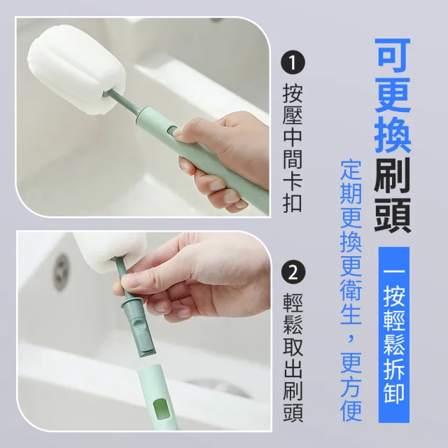 【SYU】1+2入組 長柄海綿杯刷 可替換刷頭(海綿杯刷 杯刷 奶瓶刷 洗杯刷 海綿刷 水壺刷 杯子刷)