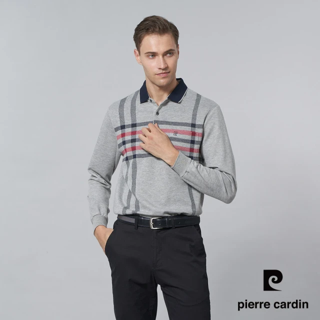 pierre cardin 皮爾卡登 商務休閒 男款 棉質混紡刷磨毛大定位格長袖POLO衫-灰色(5245275-95)