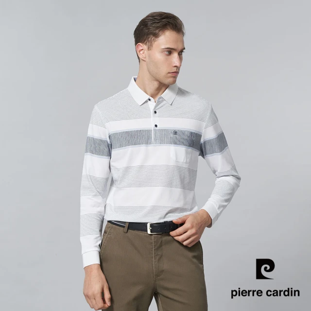 pierre cardin 皮爾卡登 商務休閒 男款 網眼定位橫條印花長袖POLO衫-白色(5245269-90)