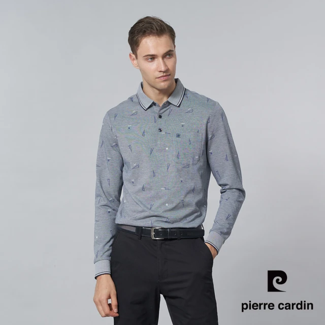 pierre cardin 皮爾卡登 商務休閒 男款 網眼三角印花長袖POLO衫-藍灰色(5245268-38)