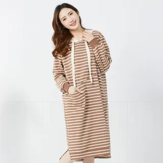 【betty’s 貝蒂思】撞色條紋繡字抽繩連帽洋裝(駝色)