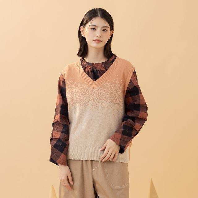 【MOSS CLUB】漸層緹花V領無袖針織背心(藍 駝 灰/魅力商品)